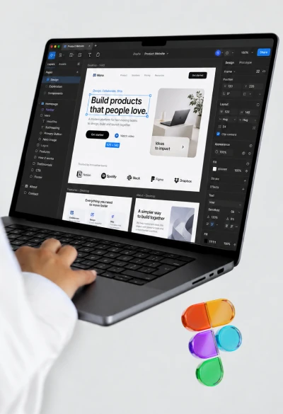 Figma design workspace with responsive design components, auto-layout, and product design workflow
