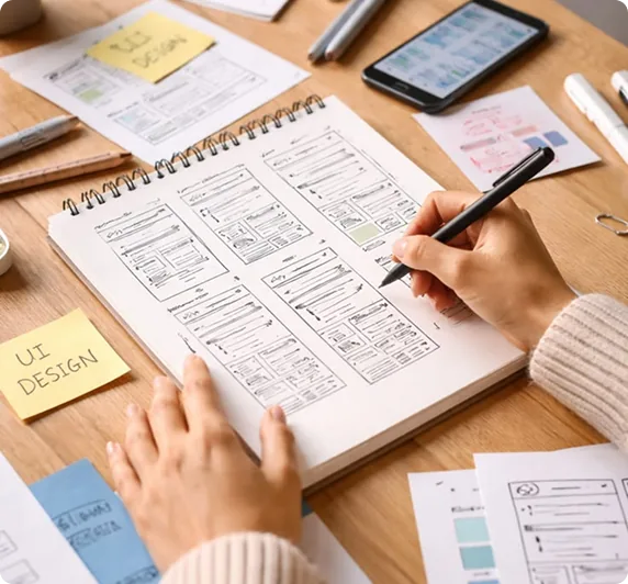UX designer sketching low-fidelity paper wireframes and user journey maps in notebook